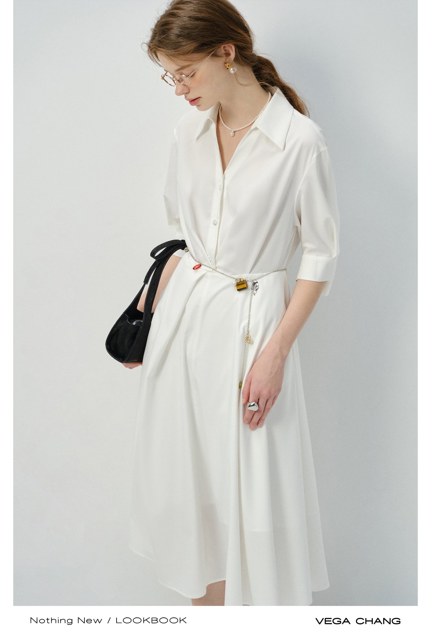 3/4 Sleeve Shirt Dress With Folded Accents