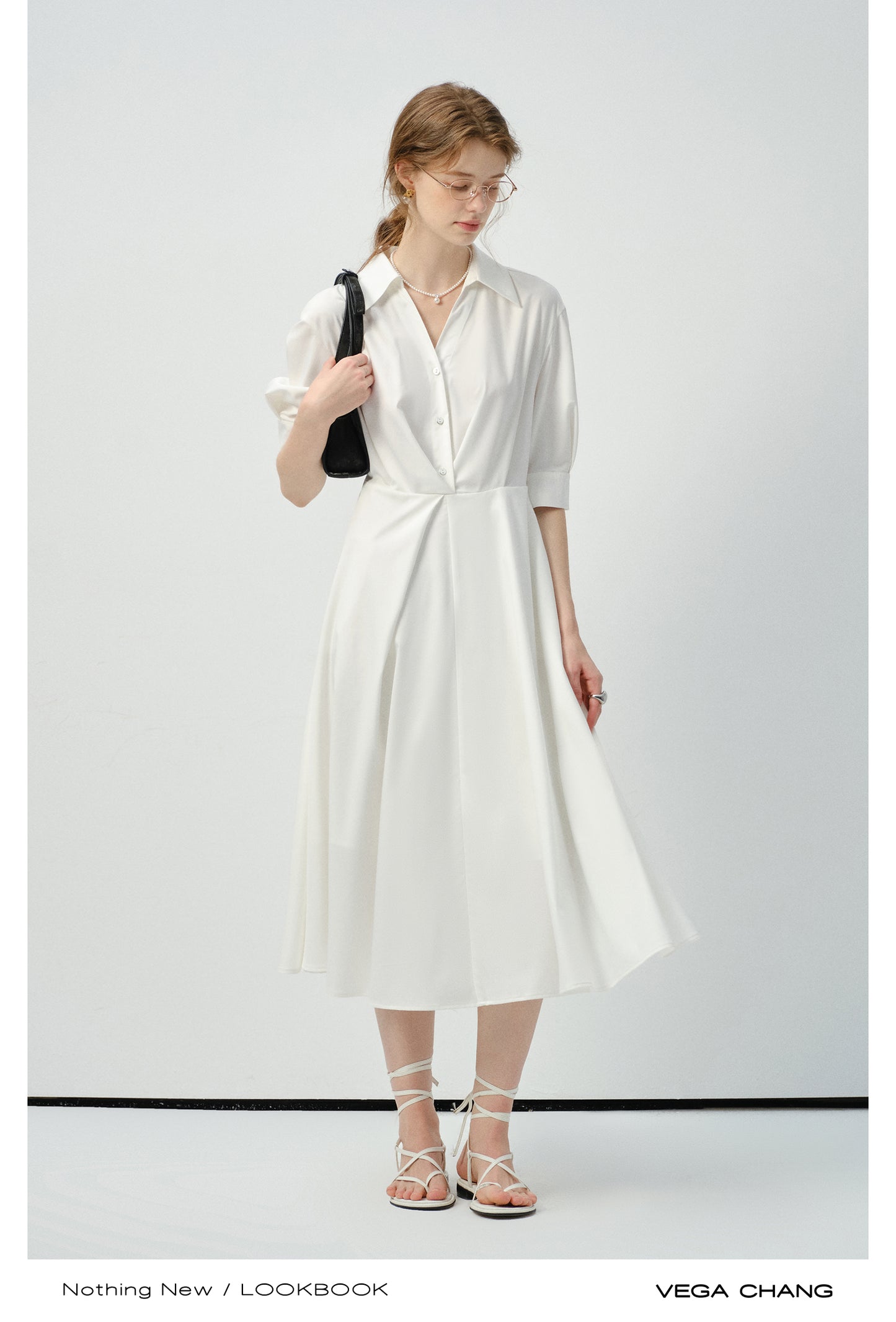 3/4 Sleeve Shirt Dress With Folded Accents