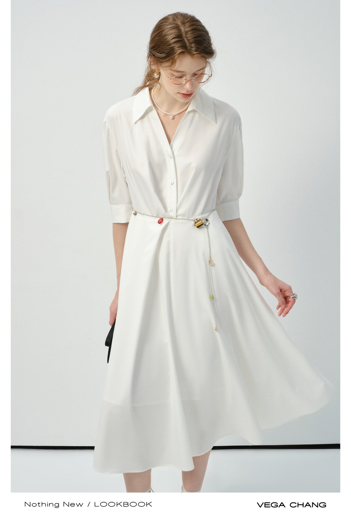 3/4 Sleeve Shirt Dress With Folded Accents