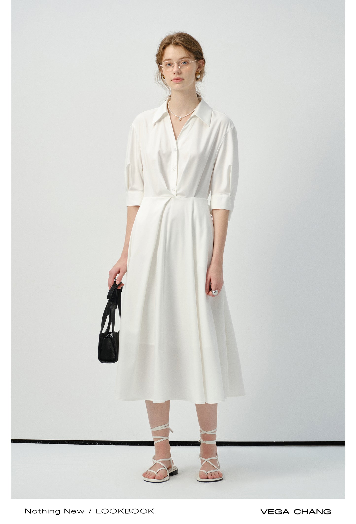 3/4 Sleeve Shirt Dress With Folded Accents