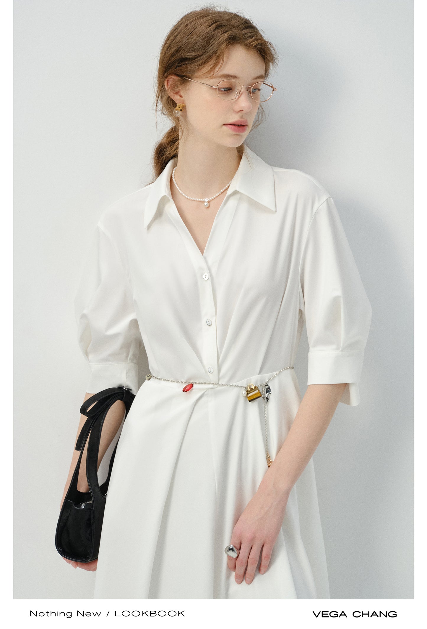 3/4 Sleeve Shirt Dress With Folded Accents