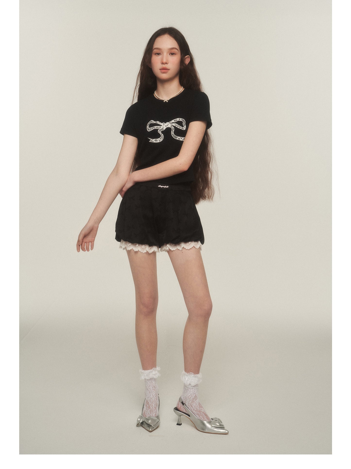 Bow Print Lace-Trimmed Bubble Shorts