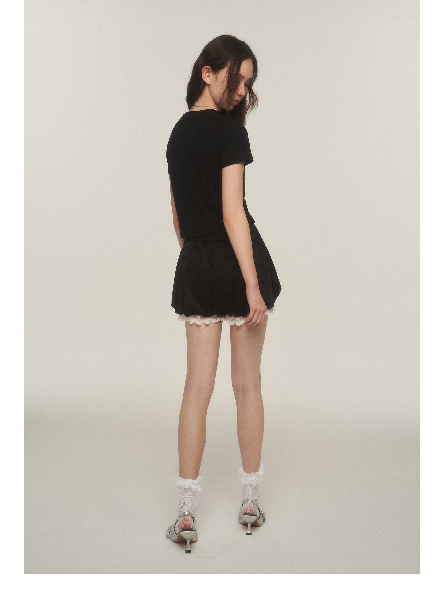 Bow Print Lace-Trimmed Bubble Shorts