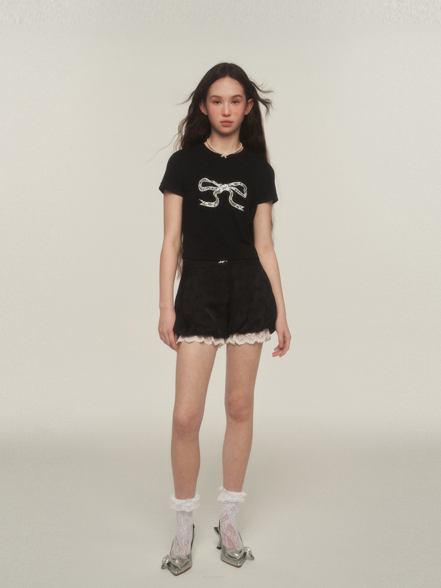 Bow Print Lace-Trimmed Bubble Shorts