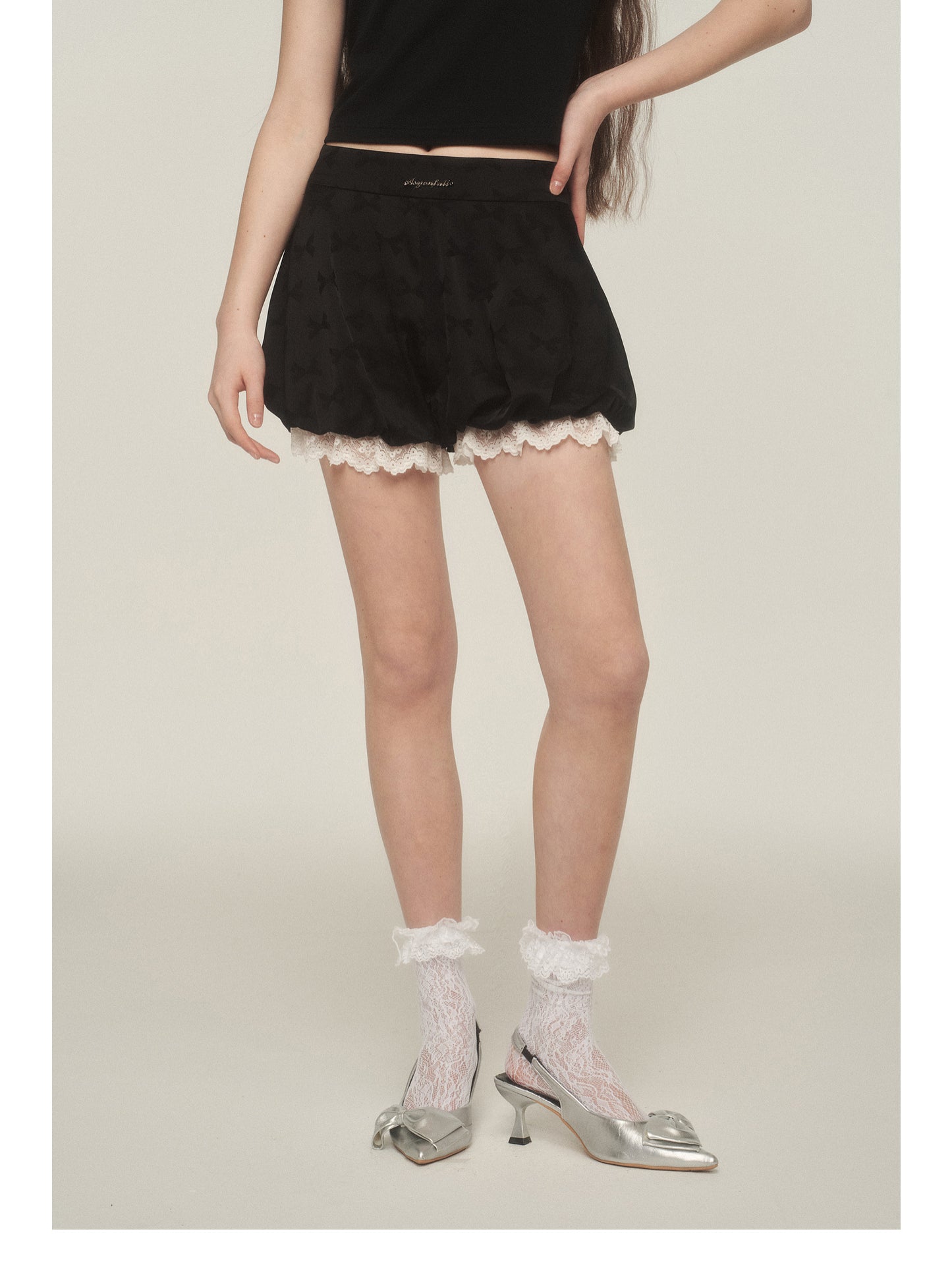 Bow Print Lace-Trimmed Bubble Shorts