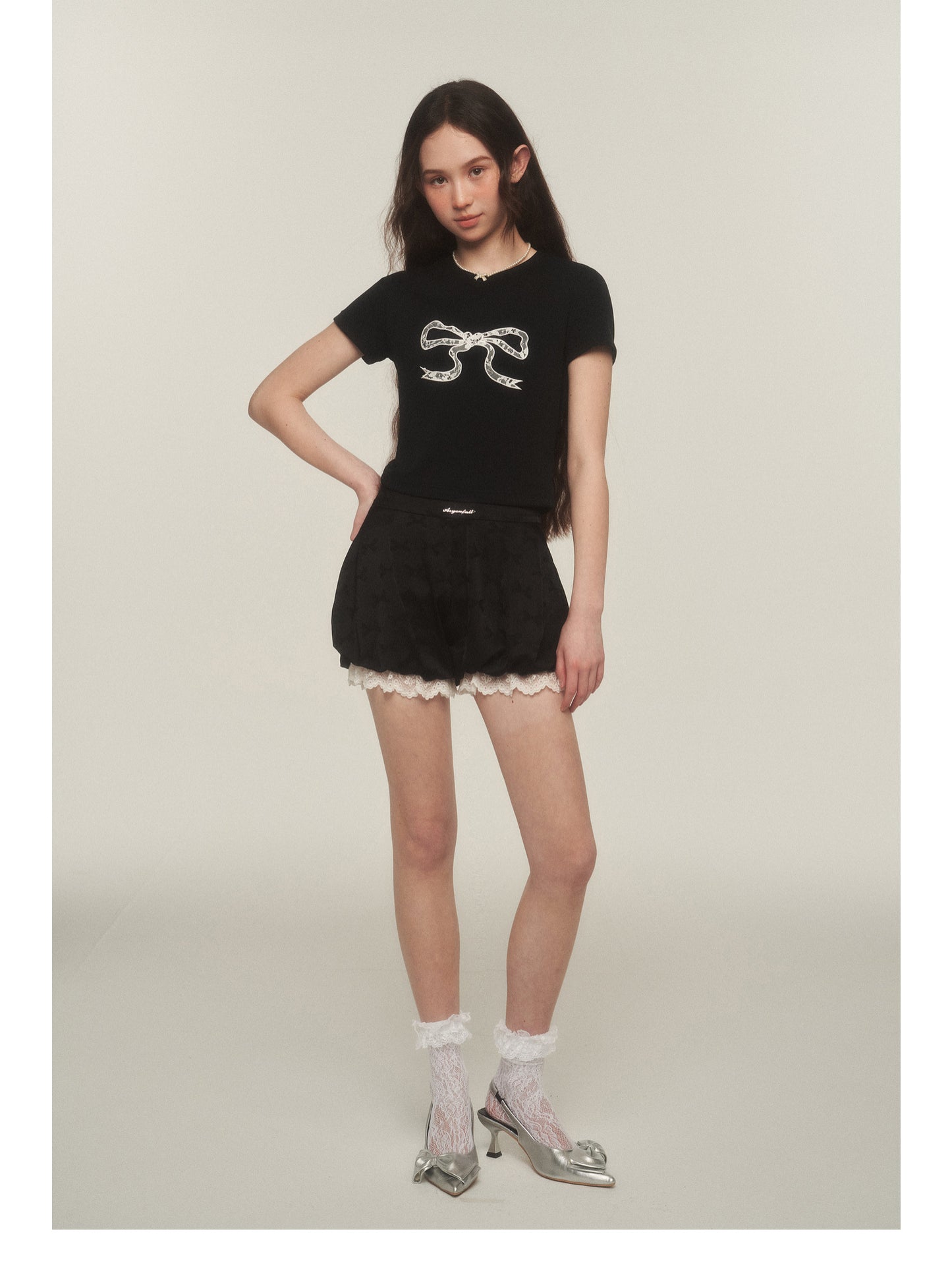 Bow Print Lace-Trimmed Bubble Shorts