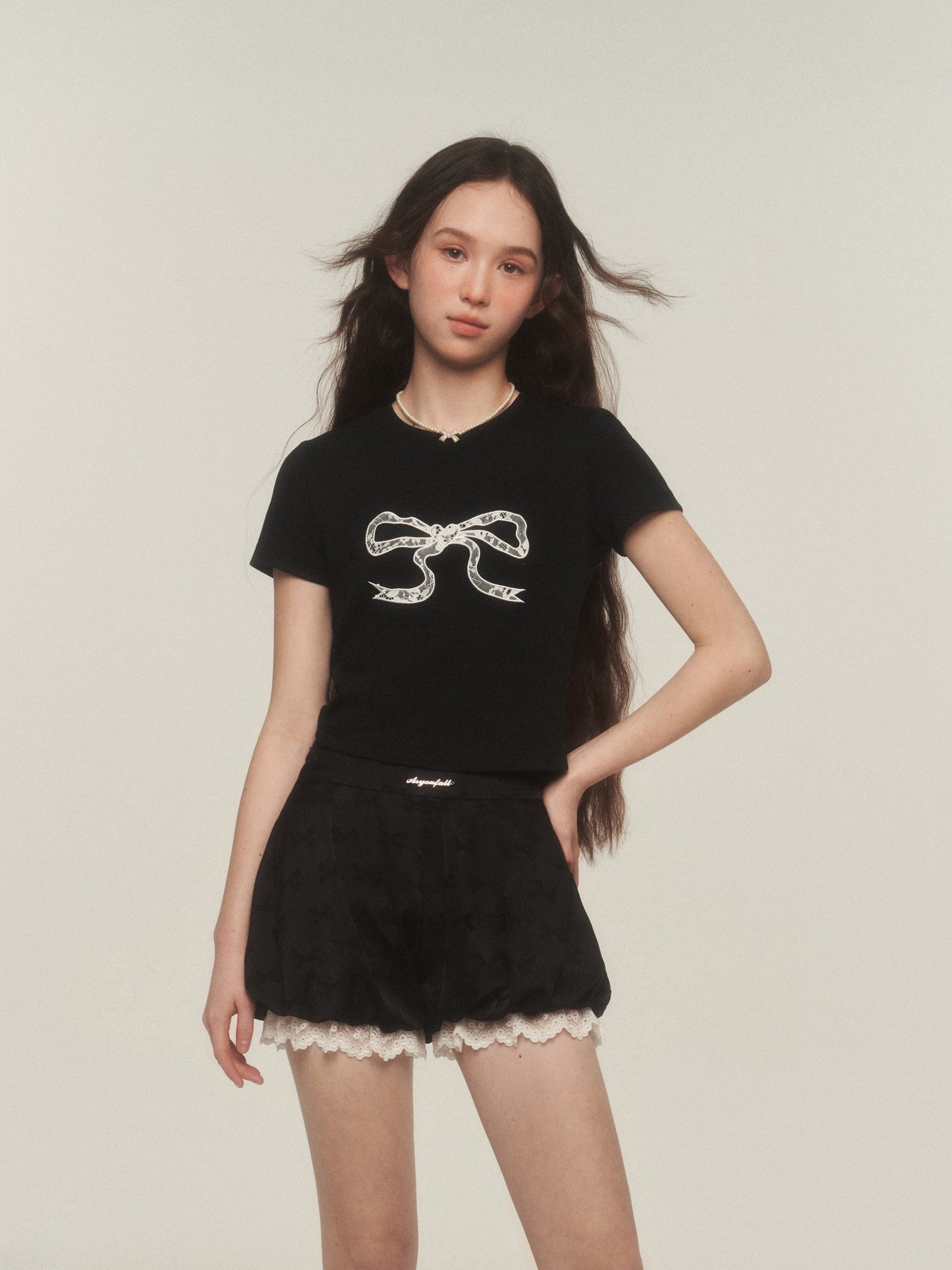 Bow Print Lace-Trimmed Bubble Shorts