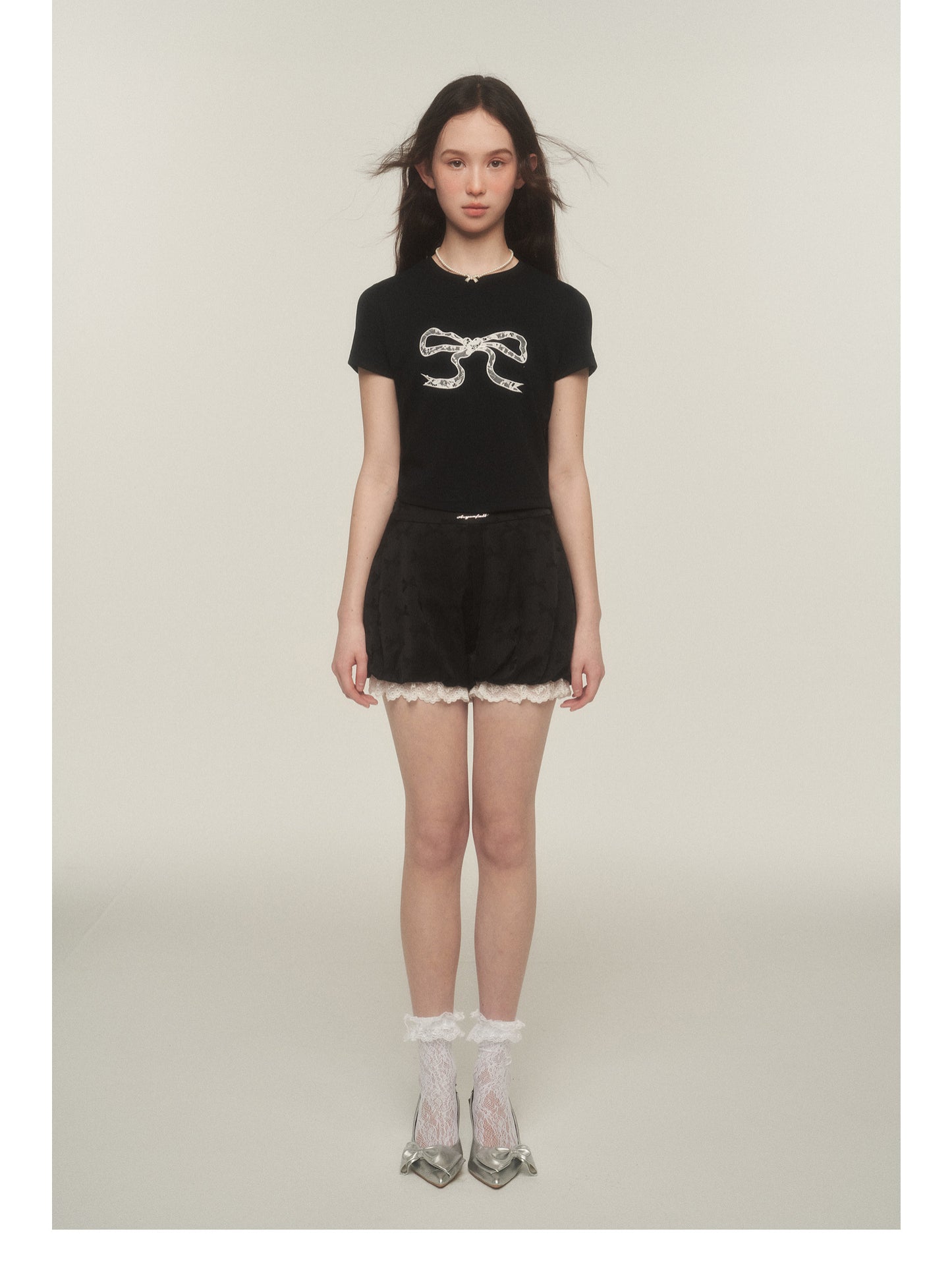 Bow Print Lace-Trimmed Bubble Shorts
