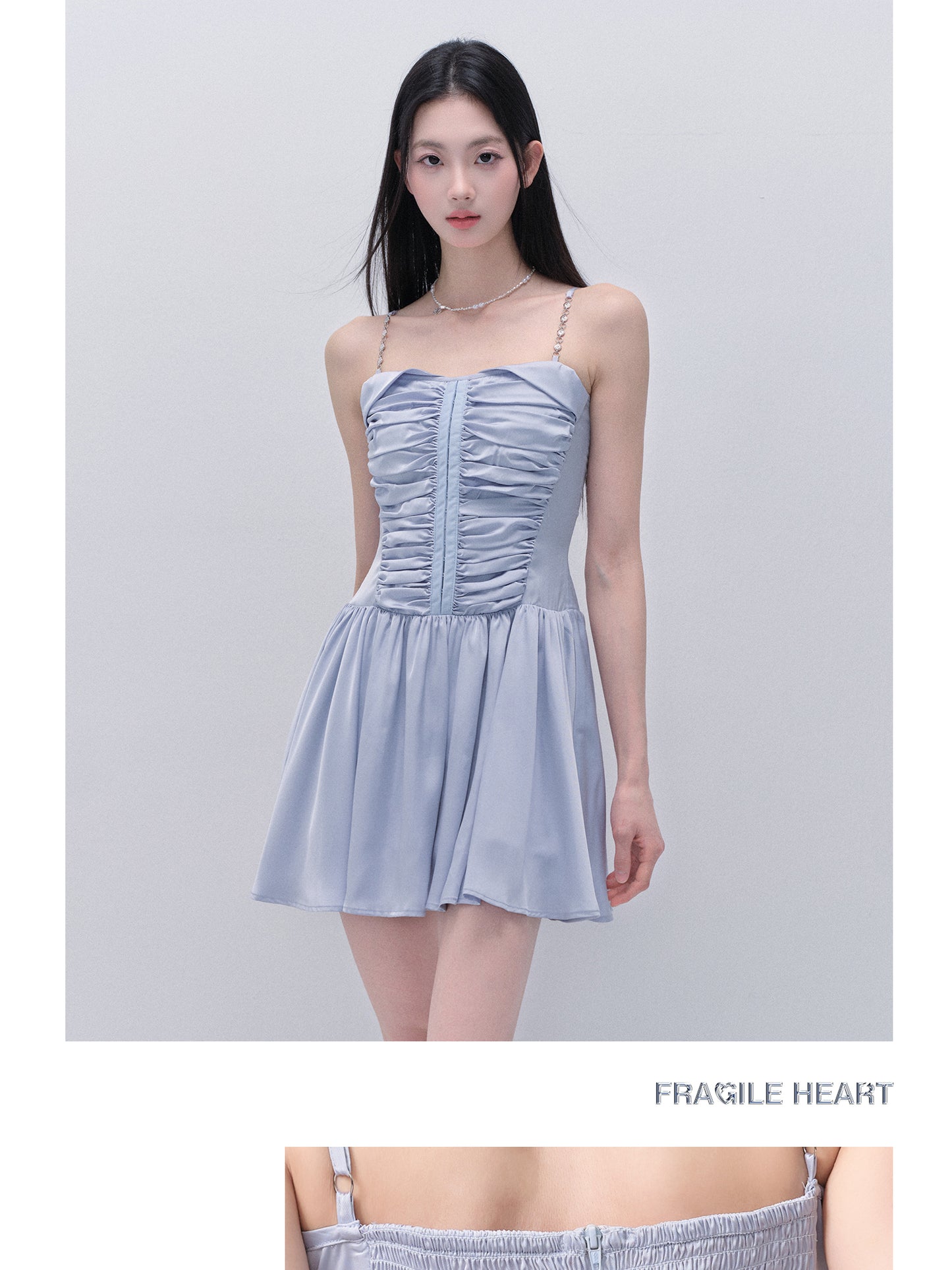 Two-Way Ruched Satin Zip-Up Dress With Chain Straps