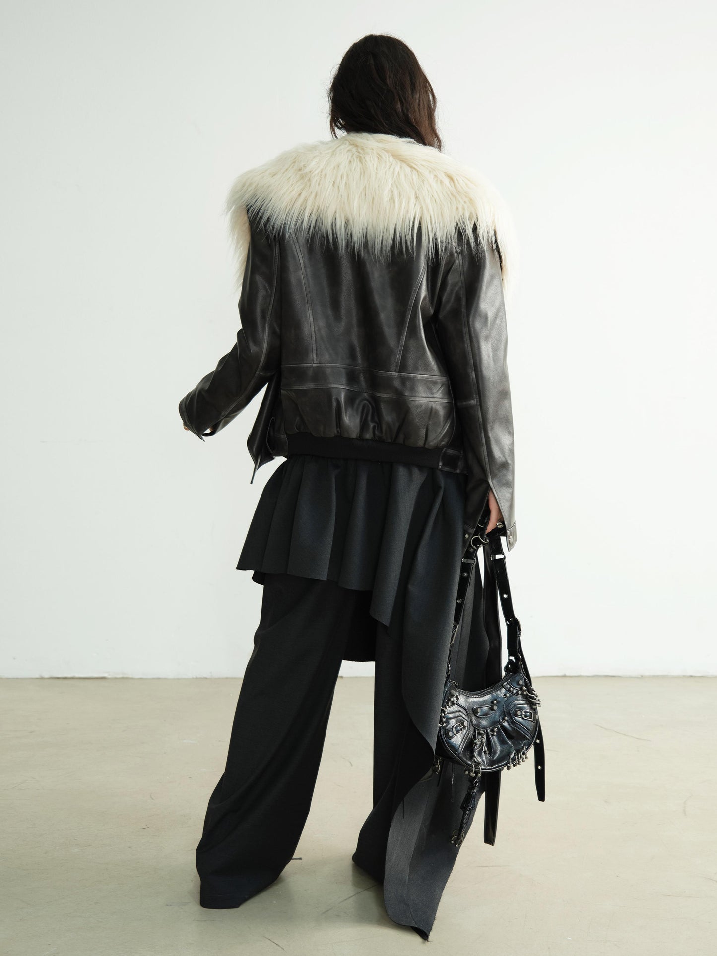 Shaggy Fur Collar Faux Leather Moto Jacket