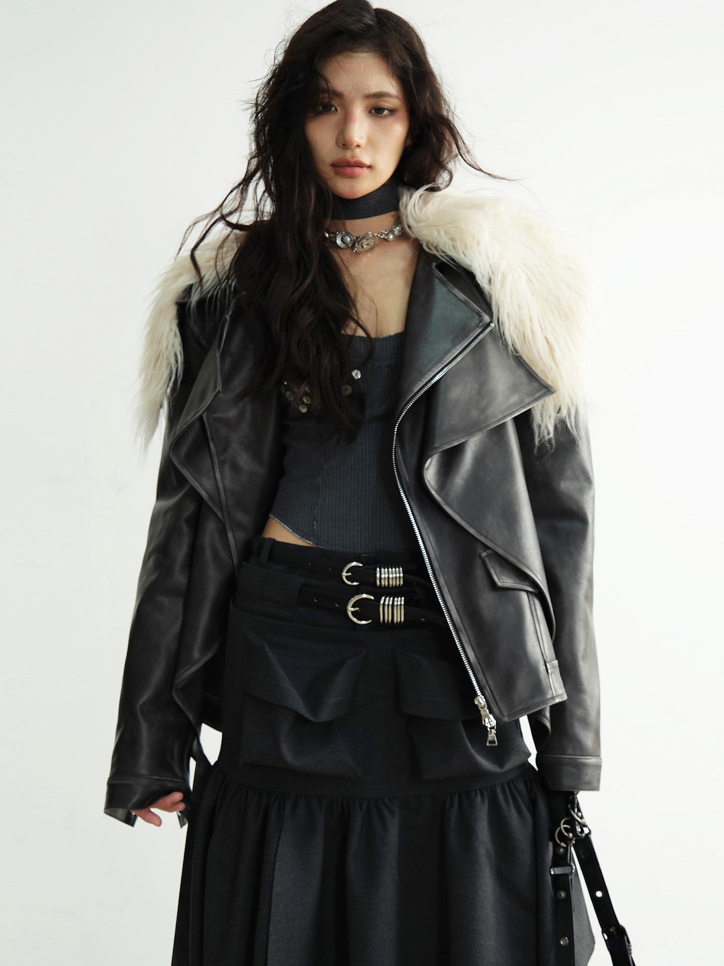 Shaggy Fur Collar Faux Leather Moto Jacket