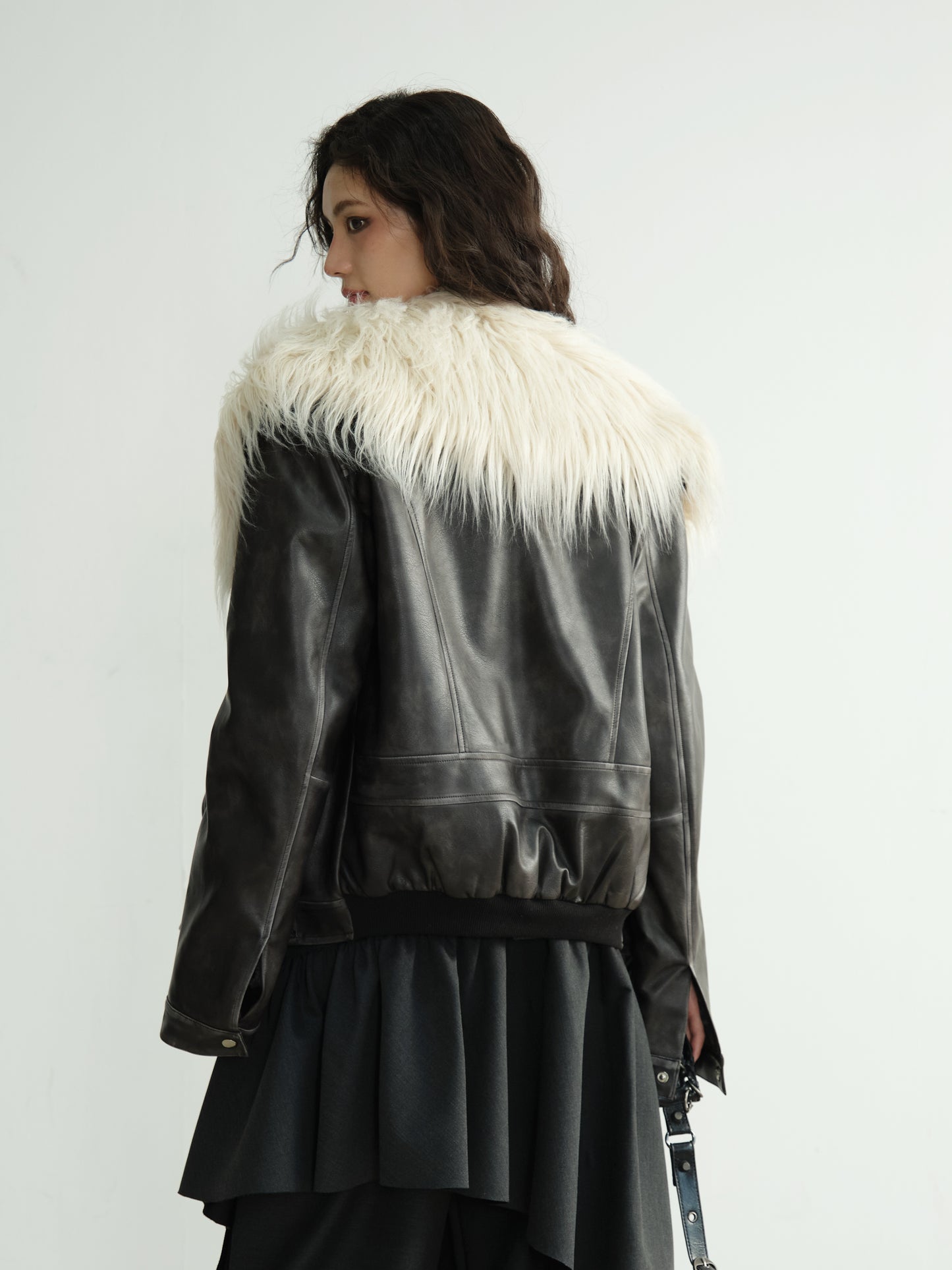 Shaggy Fur Collar Faux Leather Moto Jacket