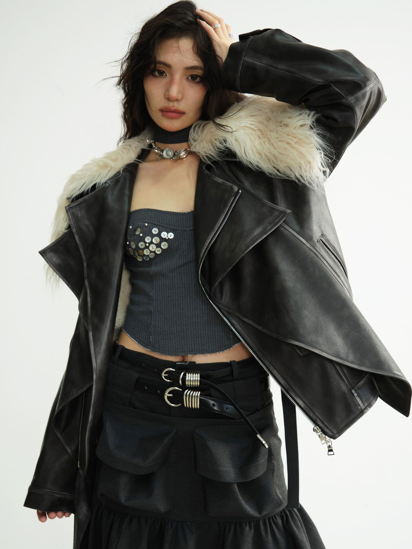 Shaggy Fur Collar Faux Leather Moto Jacket