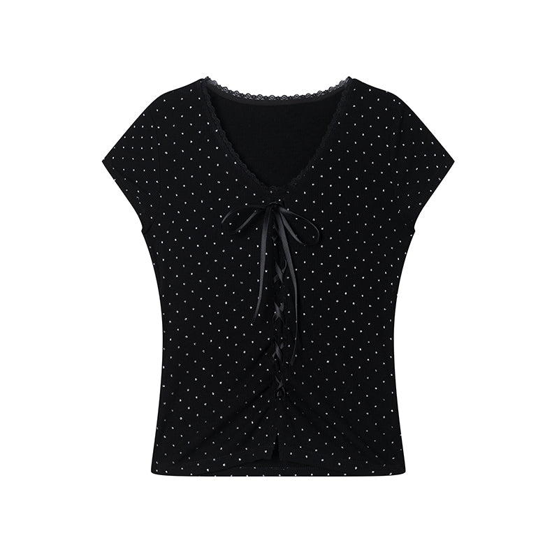 Polka Dot Ribbed Lace-Up Tee