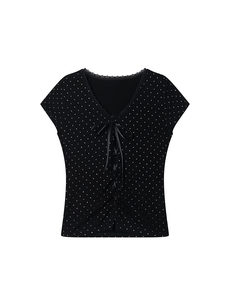 Polka Dot Ribbed Lace-Up Tee