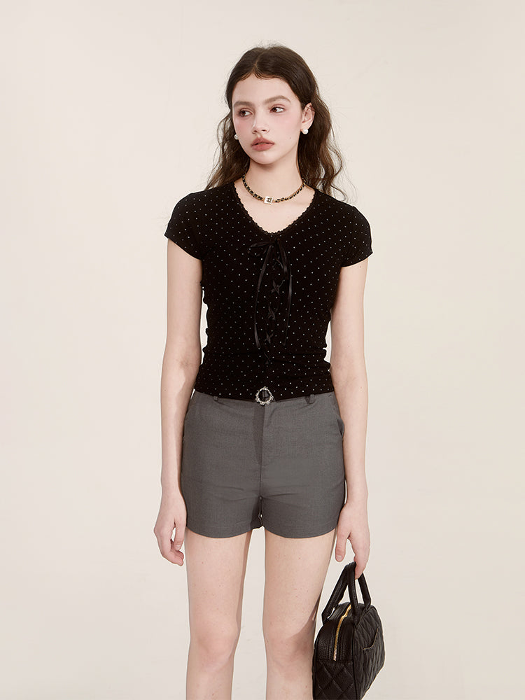 Polka Dot Ribbed Lace-Up Tee
