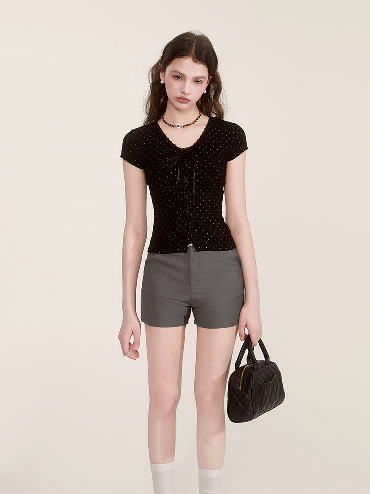 Polka Dot Ribbed Lace-Up Tee