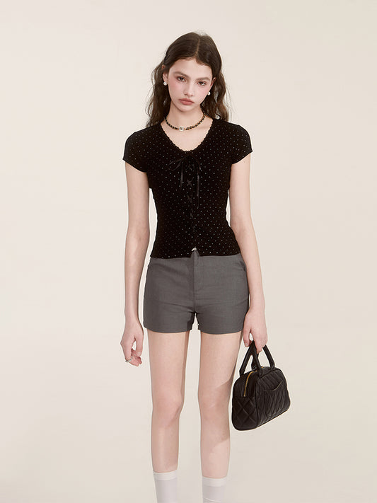 Polka Dot Ribbed Lace-Up Tee