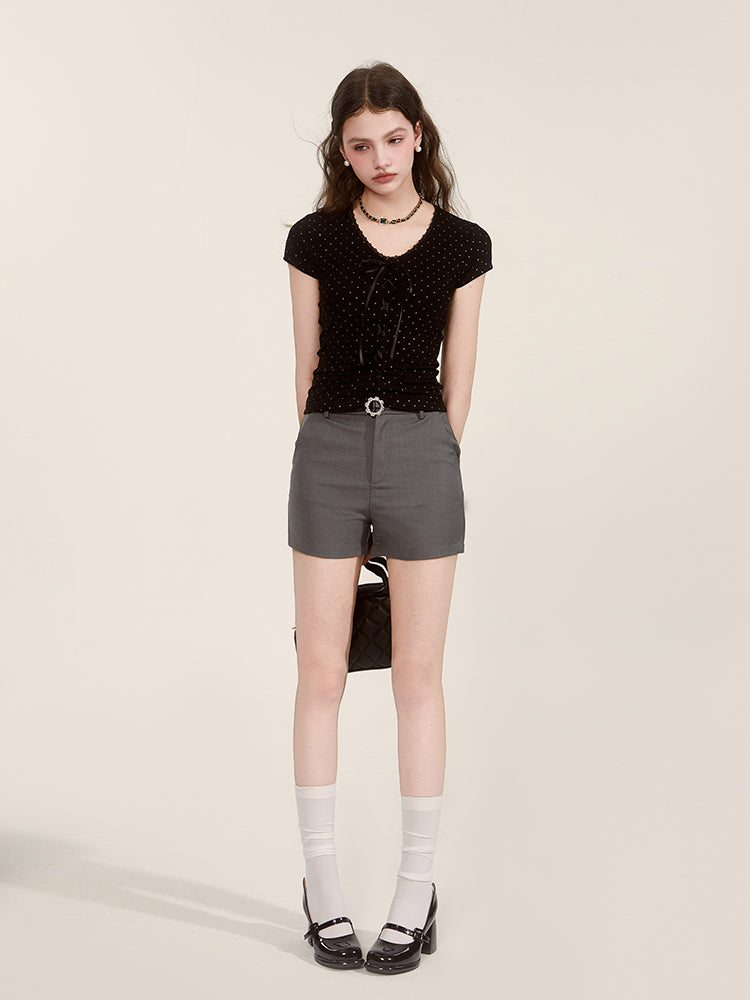 Polka Dot Ribbed Lace-Up Tee