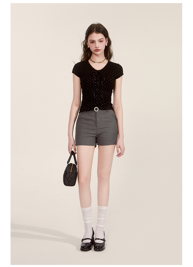 Polka Dot Ribbed Lace-Up Tee