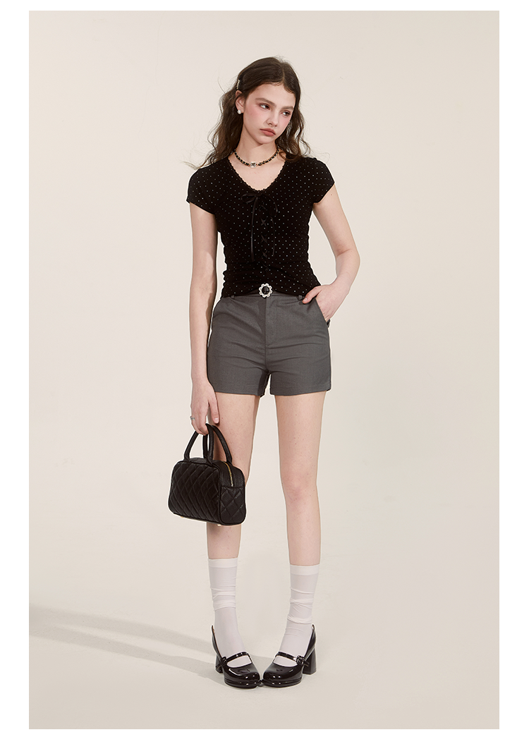 Polka Dot Ribbed Lace-Up Tee