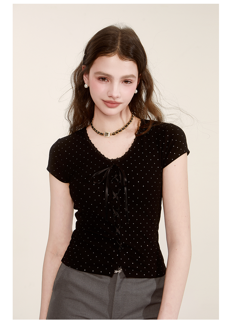 Polka Dot Ribbed Lace-Up Tee