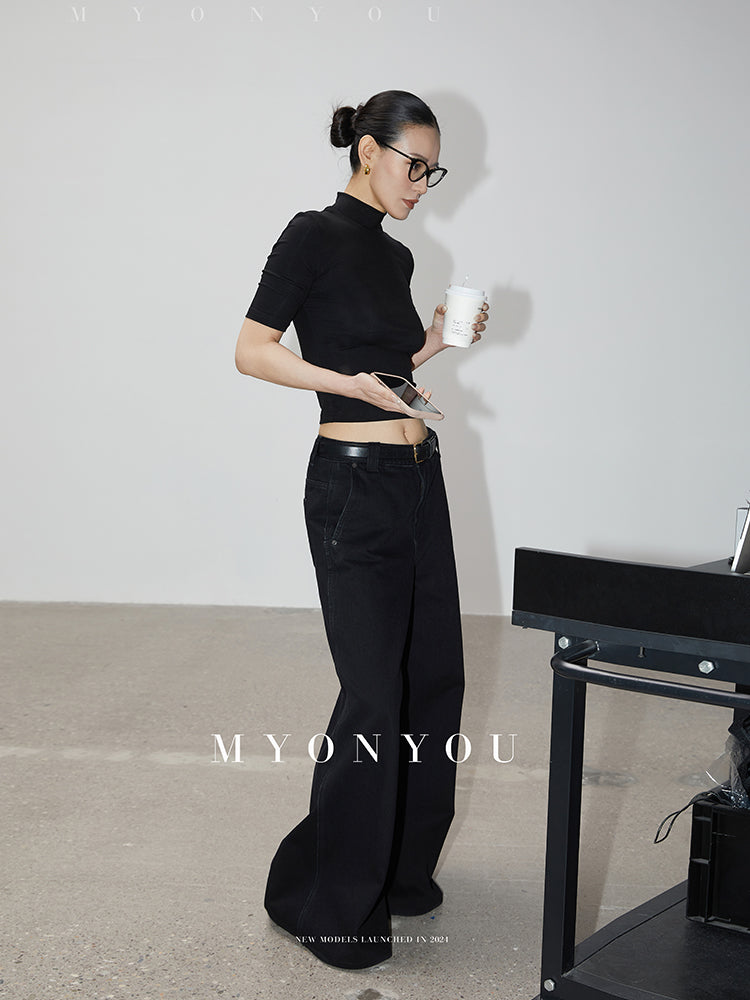 Washed Wide-Leg Floor-Length Denim Pants