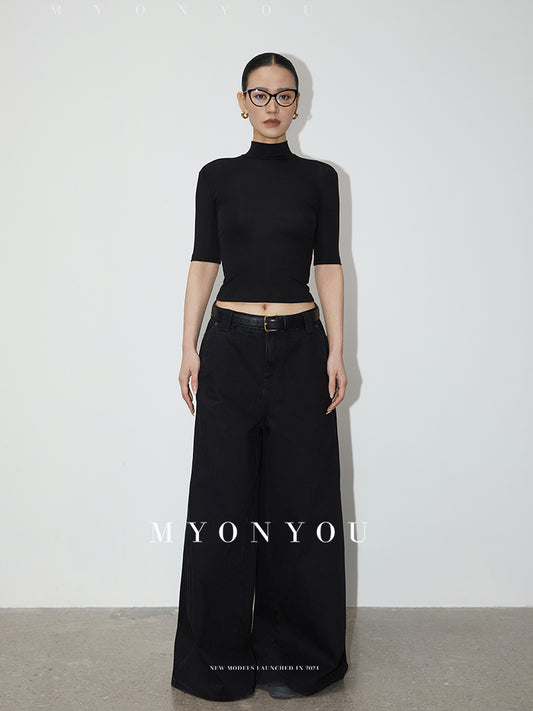 Washed Wide-Leg Floor-Length Denim Pants