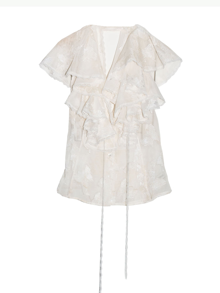Ruffled Jacquard Sheer Backless Top