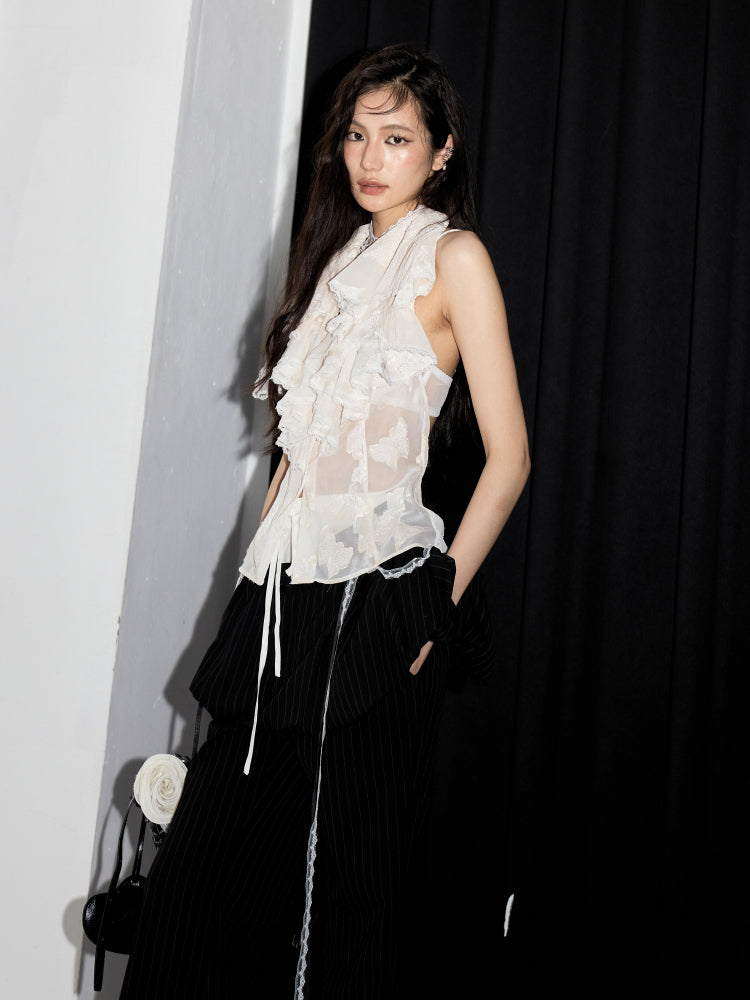 Ruffled Jacquard Sheer Backless Top