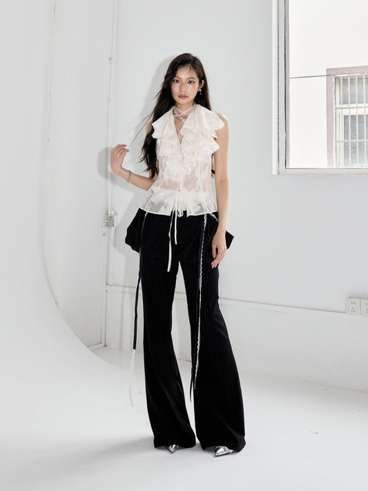 Ruffled Jacquard Sheer Backless Top