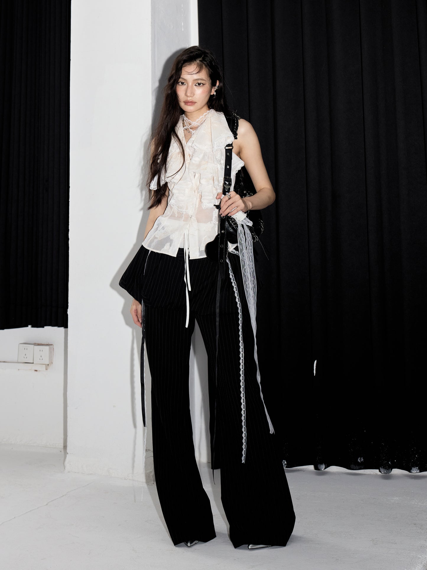 Ruffled Jacquard Sheer Backless Top