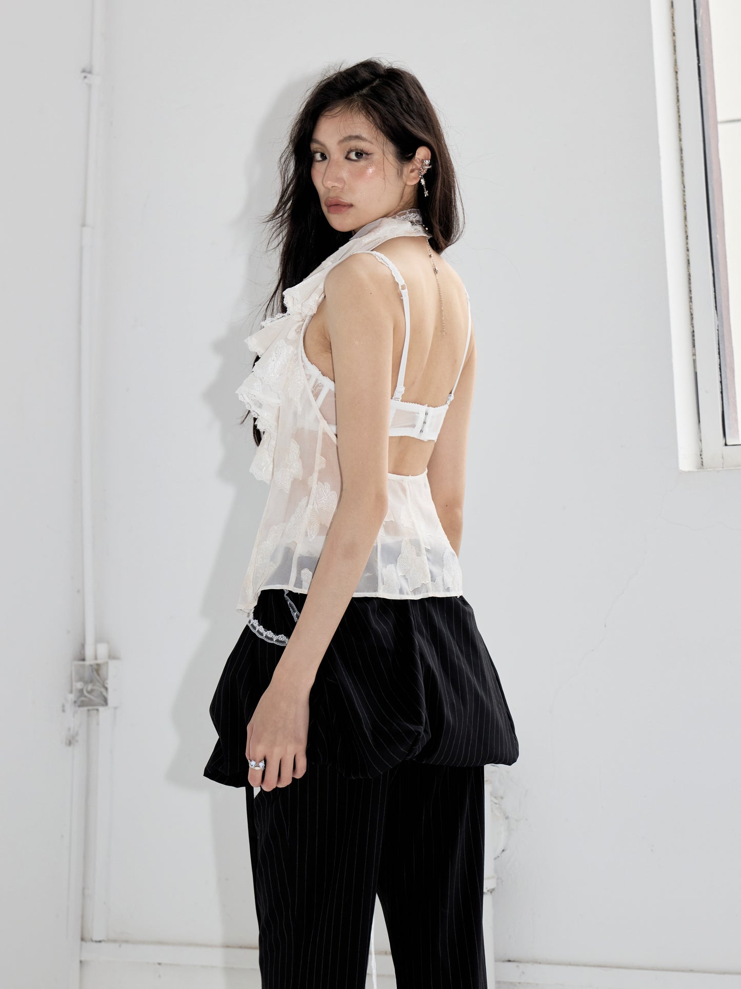 Ruffled Jacquard Sheer Backless Top