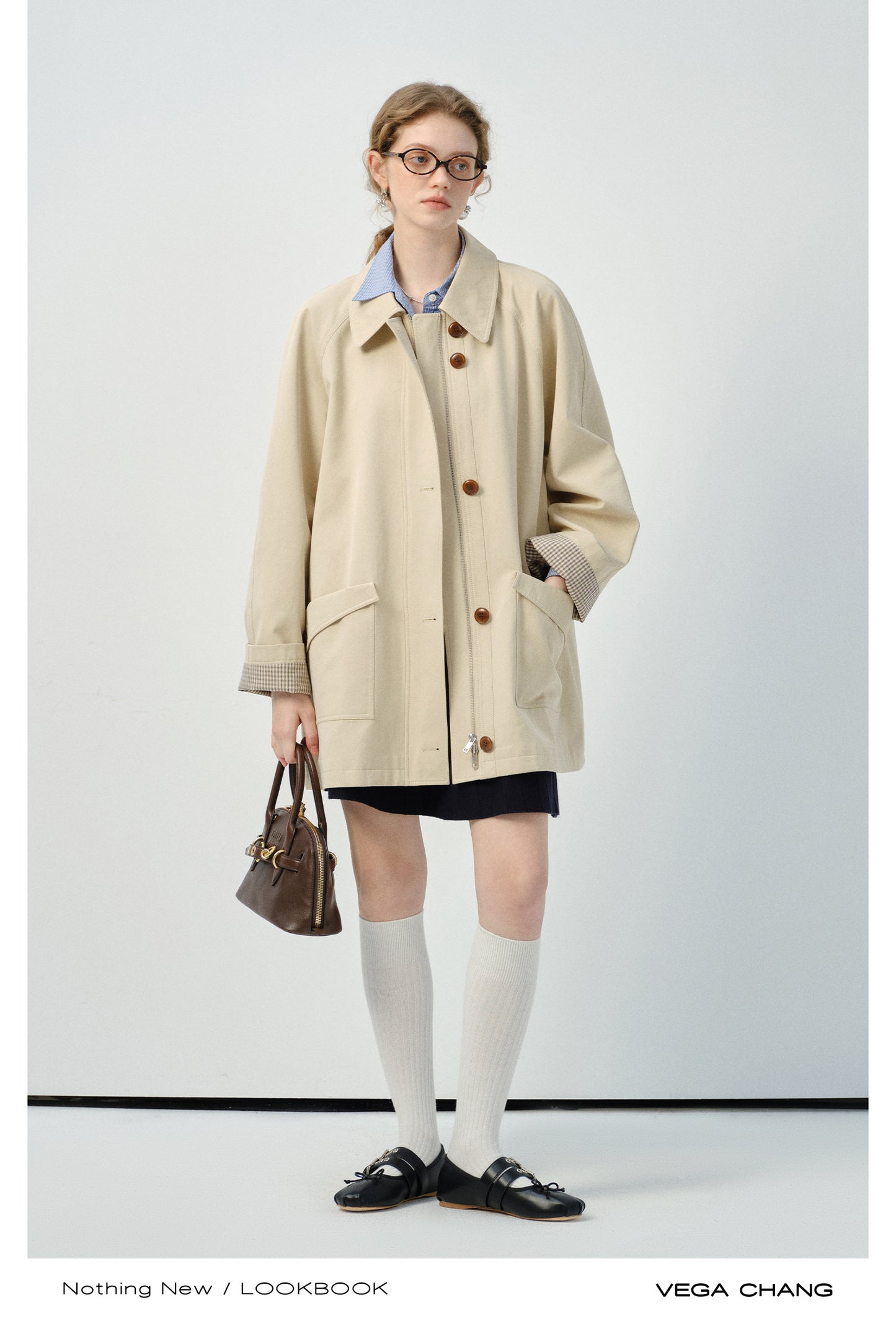 Minimalist Dual Closure Jacket With Plaid Cuffs