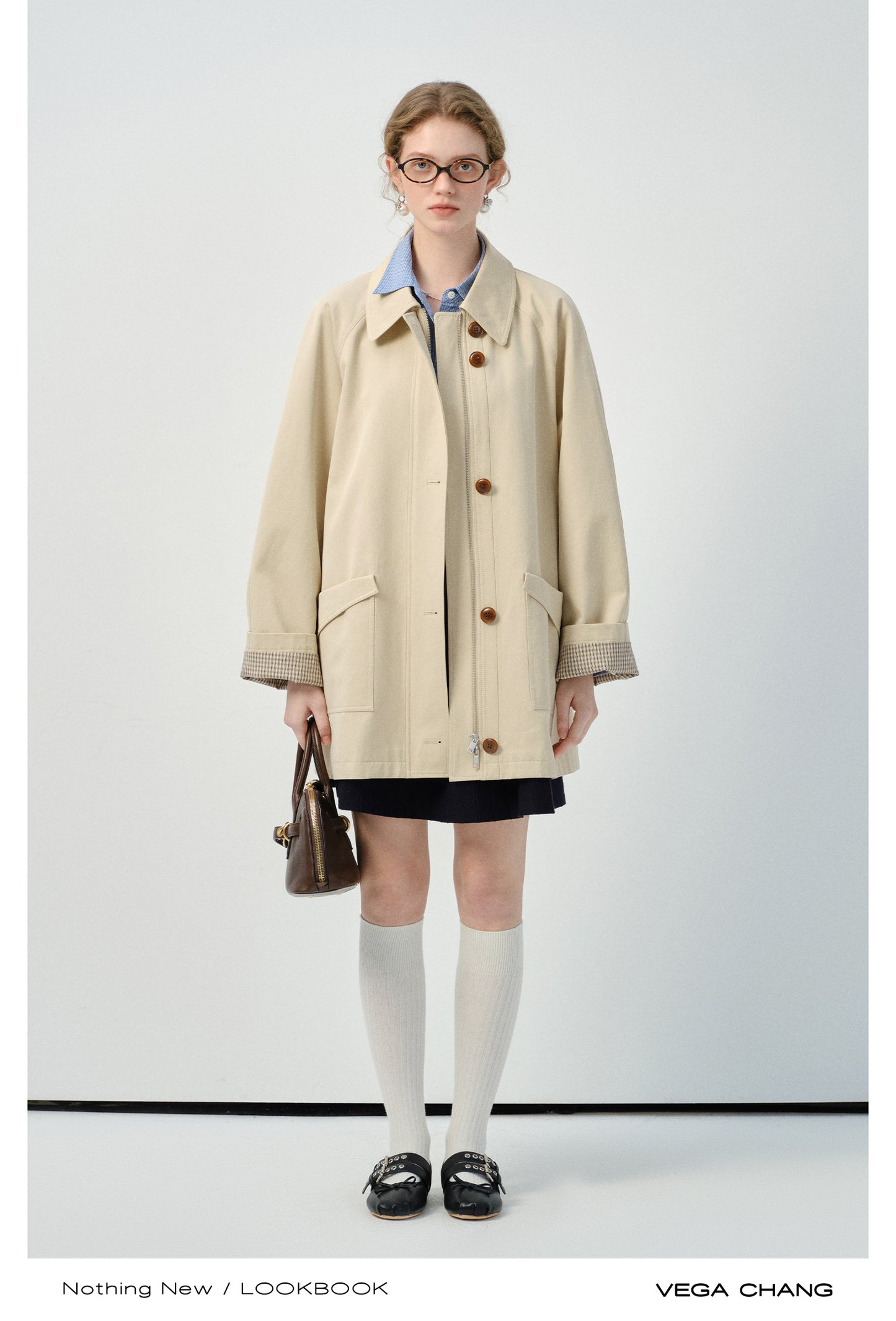 Minimalist Dual Closure Jacket With Plaid Cuffs