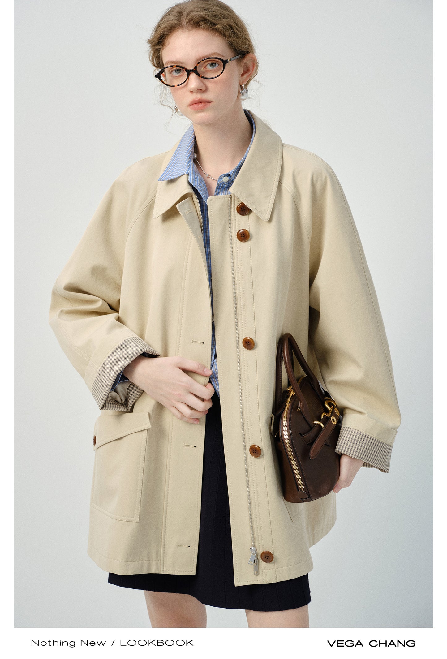 Minimalist Dual Closure Jacket With Plaid Cuffs