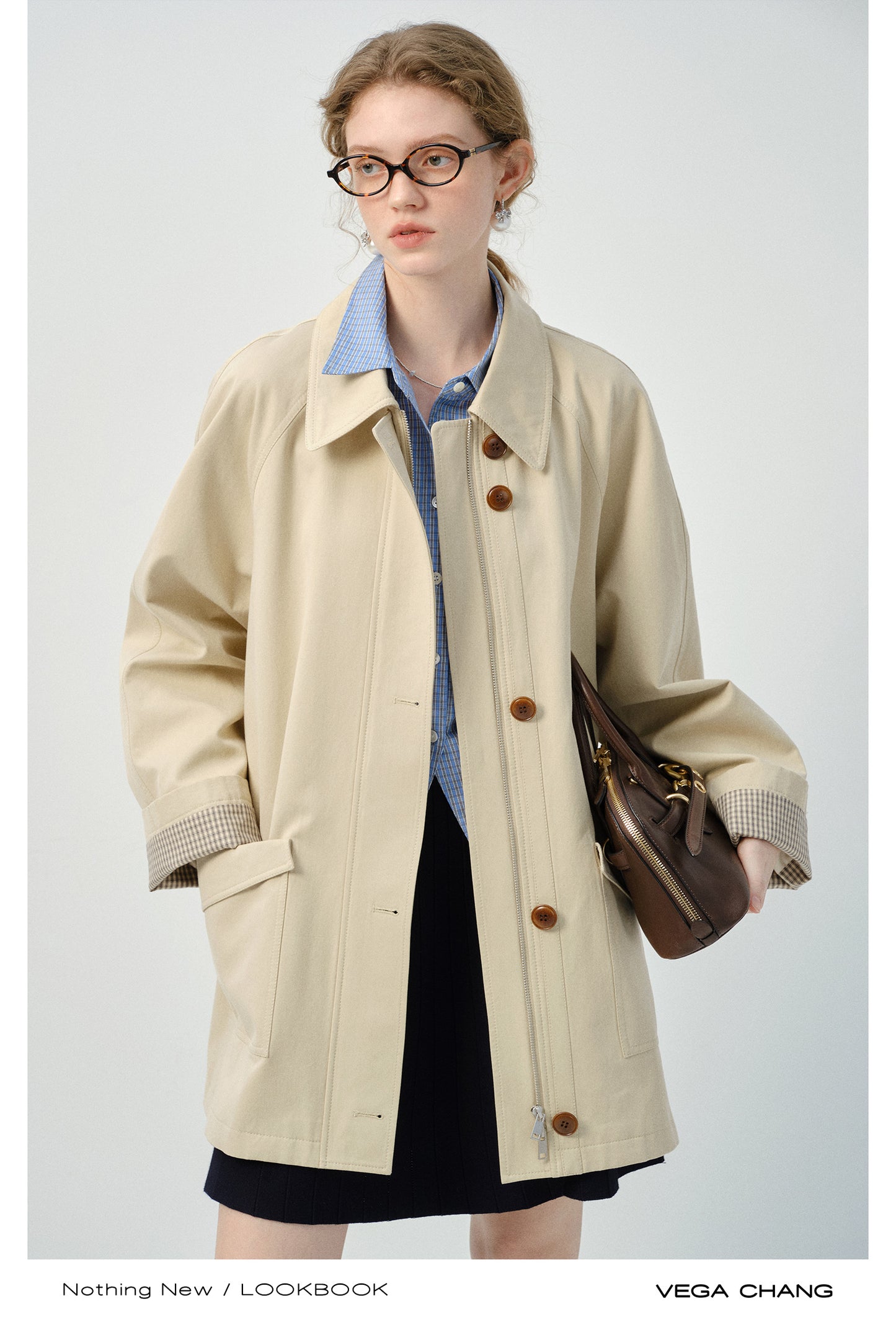Minimalist Dual Closure Jacket With Plaid Cuffs