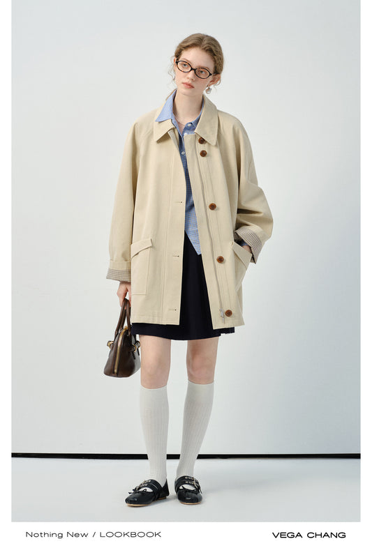 Minimalist Dual Closure Jacket With Plaid Cuffs