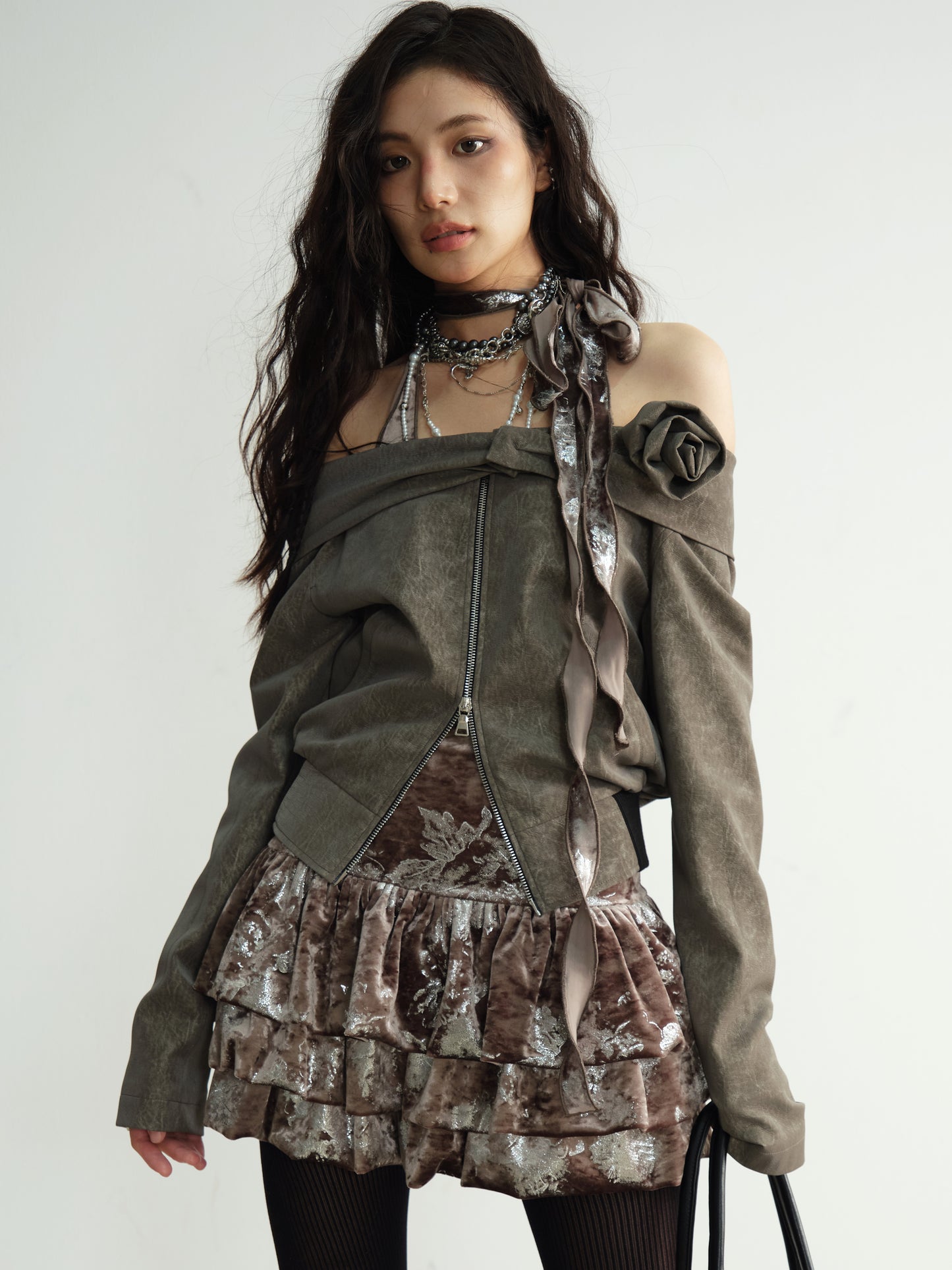 Off-Shoulder Faux Leather Jacket With Flower Accent