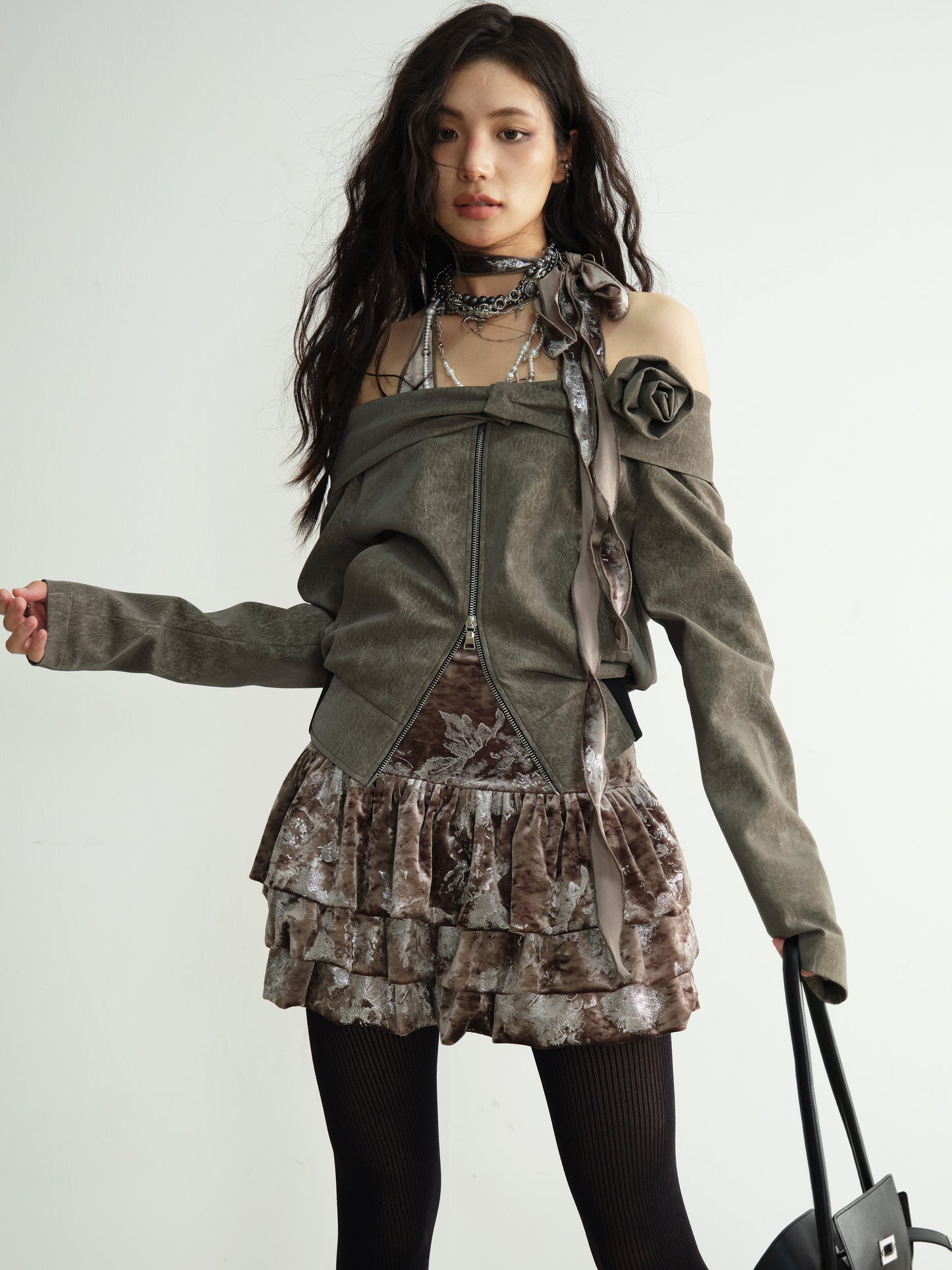 Off-Shoulder Faux Leather Jacket With Flower Accent