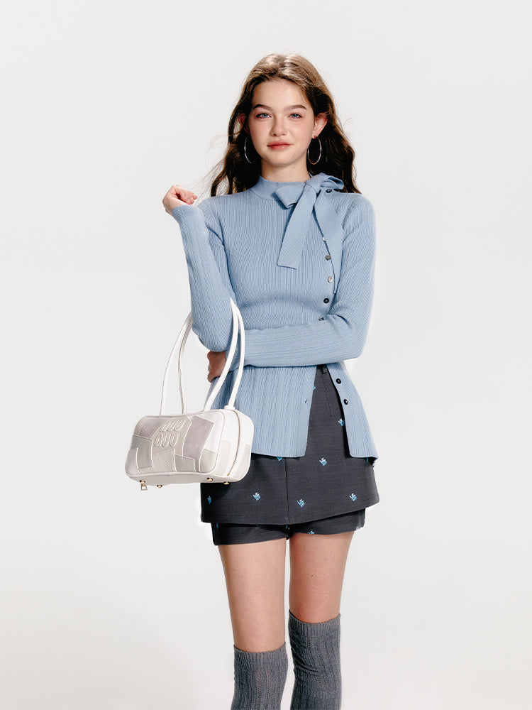 Slim Fit Asymmetrical Knit Top With Tie Neck