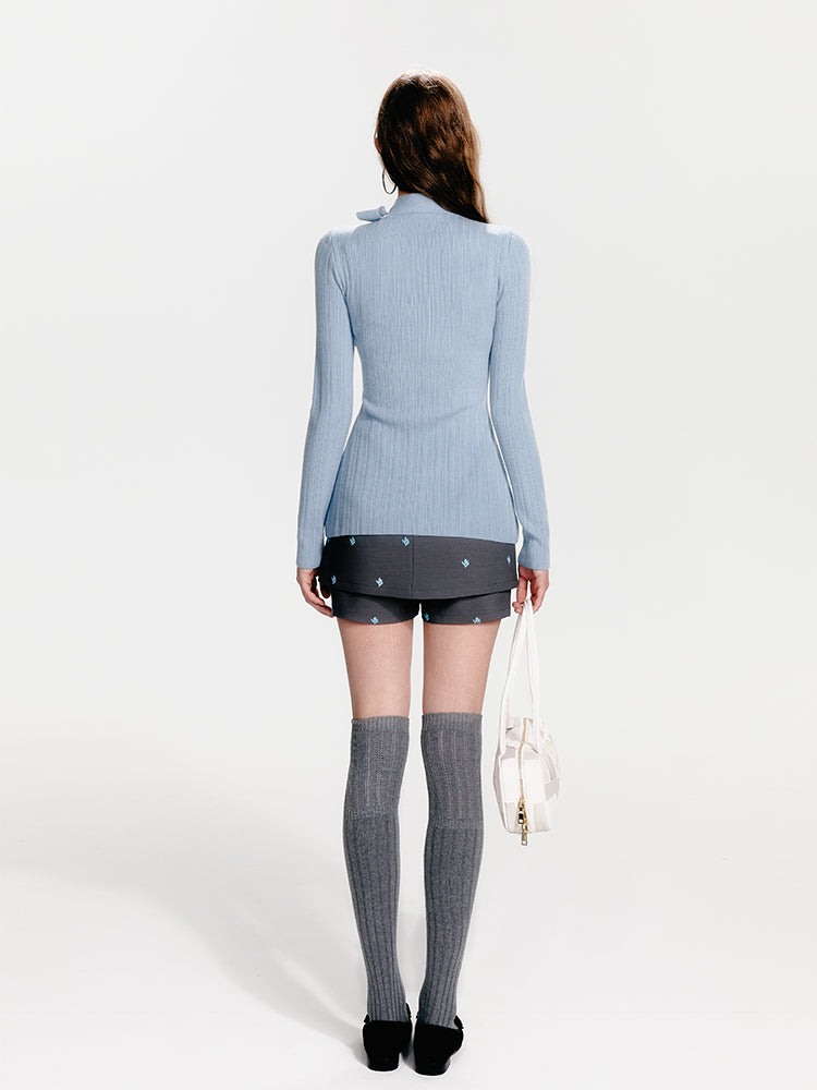 Slim Fit Asymmetrical Knit Top With Tie Neck