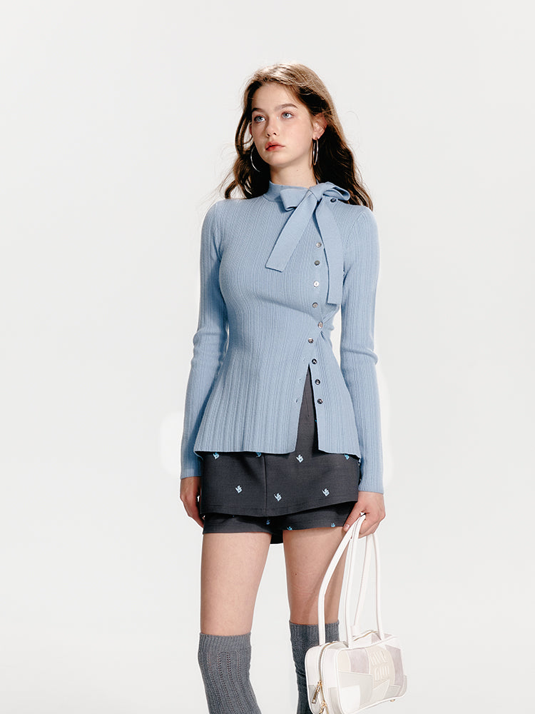 Slim Fit Asymmetrical Knit Top With Tie Neck