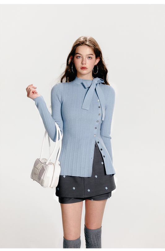 Slim Fit Asymmetrical Knit Top With Tie Neck