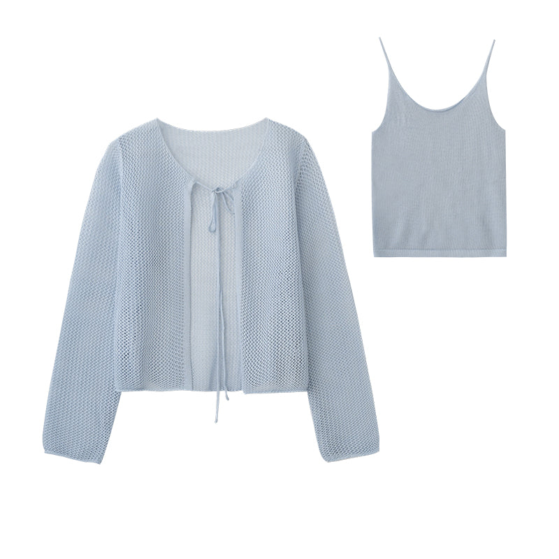 Tie-Front Mesh Knit Long Sleeve Top With Inner Cami Set