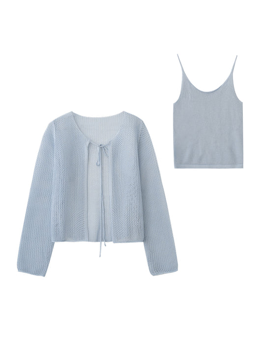 Tie-Front Mesh Knit Long Sleeve Top With Inner Cami Set