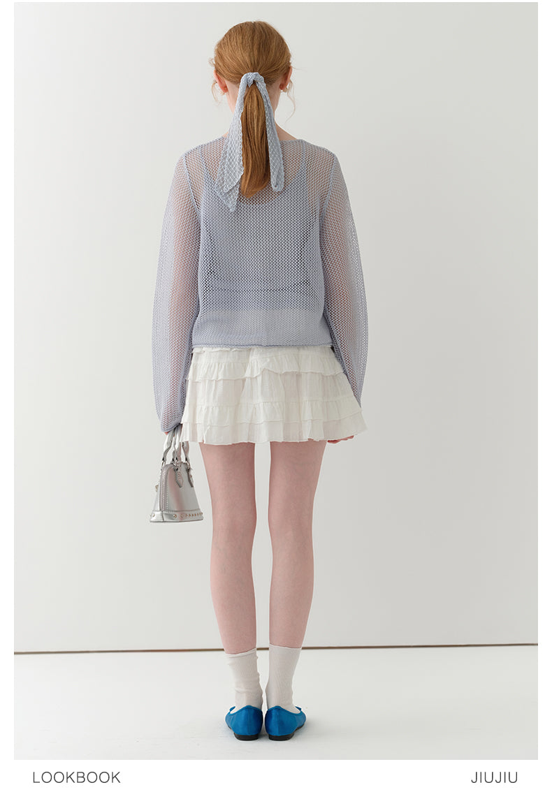 Tie-Front Mesh Knit Long Sleeve Top With Inner Cami Set