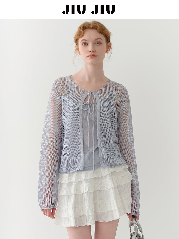 Tie-Front Mesh Knit Long Sleeve Top With Inner Cami Set