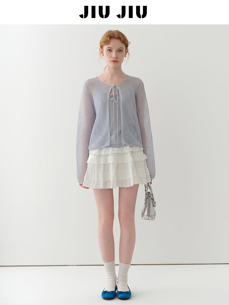 Tie-Front Mesh Knit Long Sleeve Top With Inner Cami Set