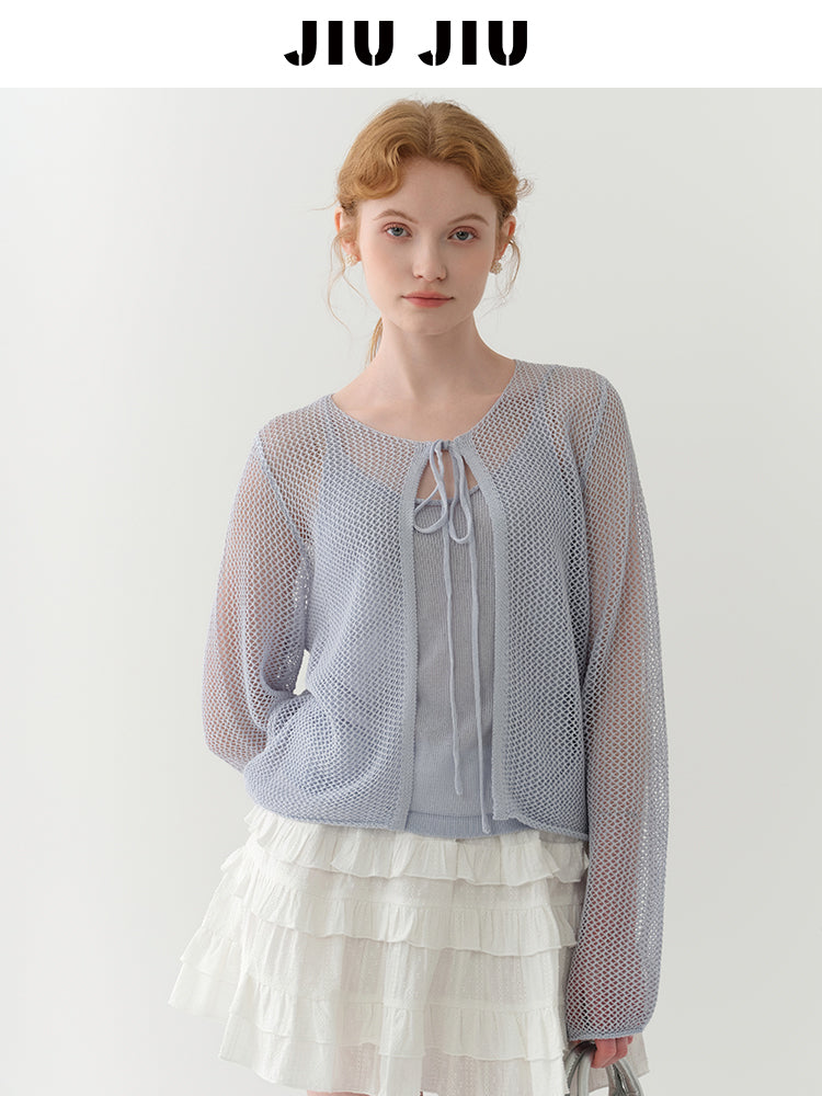 Tie-Front Mesh Knit Long Sleeve Top With Inner Cami Set